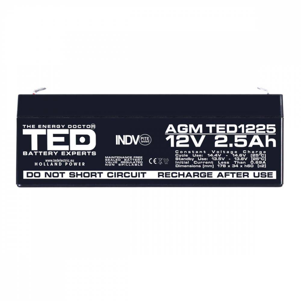 Baterie Reincarcabila F1/T1 12V Stationara VRLA 2.5Ah AGM, Dimensiuni 178x34x60 mm, TED Electric TED1225, pentru sisteme UPS si backup, securitate, echipamente medicale, iluminare, stocare energie [2]