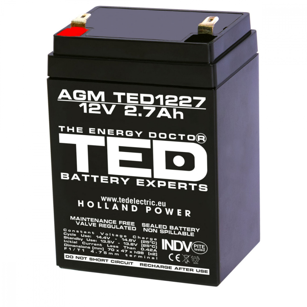Baterie Reincarcabila F1/T1 12V Stationara VRLA 2.7Ah AGM, Dimensiuni 70x47x98 mm, TED Electric TED1227, pentru sisteme UPS si backup, securitate, echipamente medicale, iluminare, stocare energie [1]