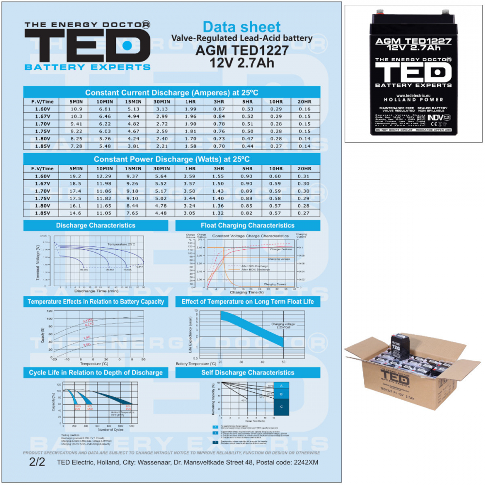 Baterie Reincarcabila F1/T1 12V Stationara VRLA 2.7Ah AGM, Dimensiuni 70x47x98 mm, TED Electric TED1227, pentru sisteme UPS si backup, securitate, echipamente medicale, iluminare, stocare energie [6]
