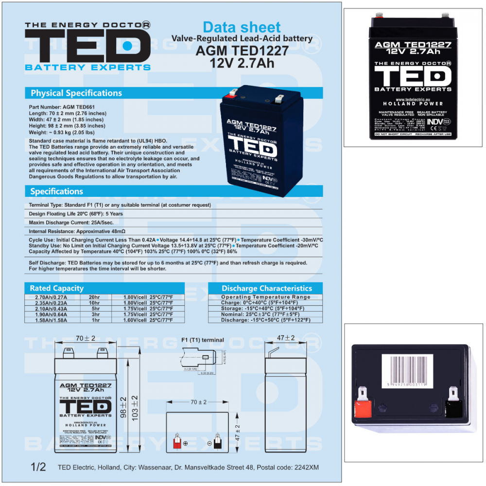 Baterie Reincarcabila F1/T1 12V Stationara VRLA 2.7Ah AGM, Dimensiuni 70x47x98 mm, TED Electric TED1227, pentru sisteme UPS si backup, securitate, echipamente medicale, iluminare, stocare energie [5]