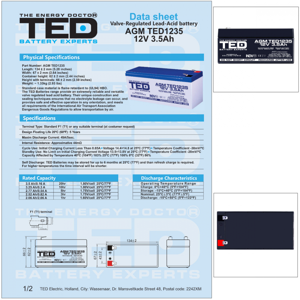 Baterie Reincarcabila F1/T1 12V Stationara VRLA 3.5Ah AGM, Dimensiuni 134x67x62 mm, TED Electric TED1235, pentru sisteme UPS si backup, securitate, echipamente medicale, energie regenerabila, iluminar [5]