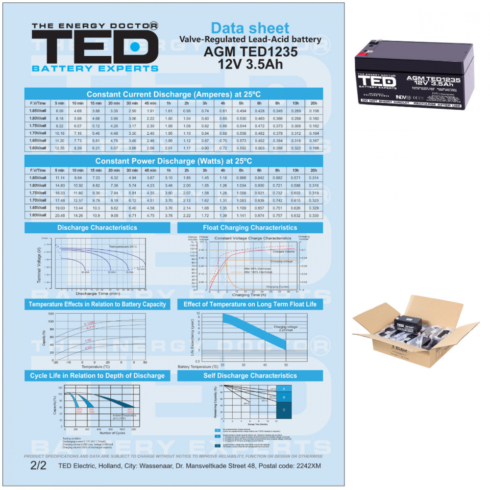 Baterie Reincarcabila F1/T1 12V Stationara VRLA 3.5Ah AGM, Dimensiuni 134x67x62 mm, TED Electric TED1235, pentru sisteme UPS si backup, securitate, echipamente medicale, energie regenerabila, iluminar [6]