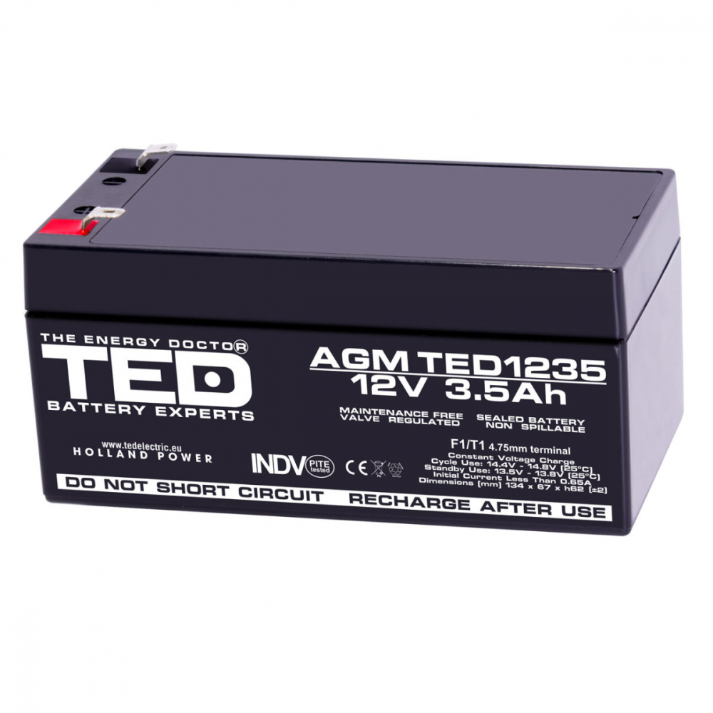 Baterie Reincarcabila F1/T1 12V Stationara VRLA 3.5Ah AGM, Dimensiuni 134x67x62 mm, TED Electric TED1235, pentru sisteme UPS si backup, securitate, echipamente medicale, energie regenerabila, iluminar [1]