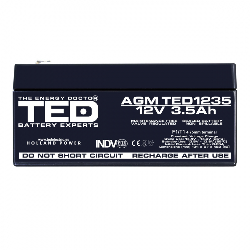 Baterie Reincarcabila F1/T1 12V Stationara VRLA 3.5Ah AGM, Dimensiuni 134x67x62 mm, TED Electric TED1235, pentru sisteme UPS si backup, securitate, echipamente medicale, energie regenerabila, iluminar [2]