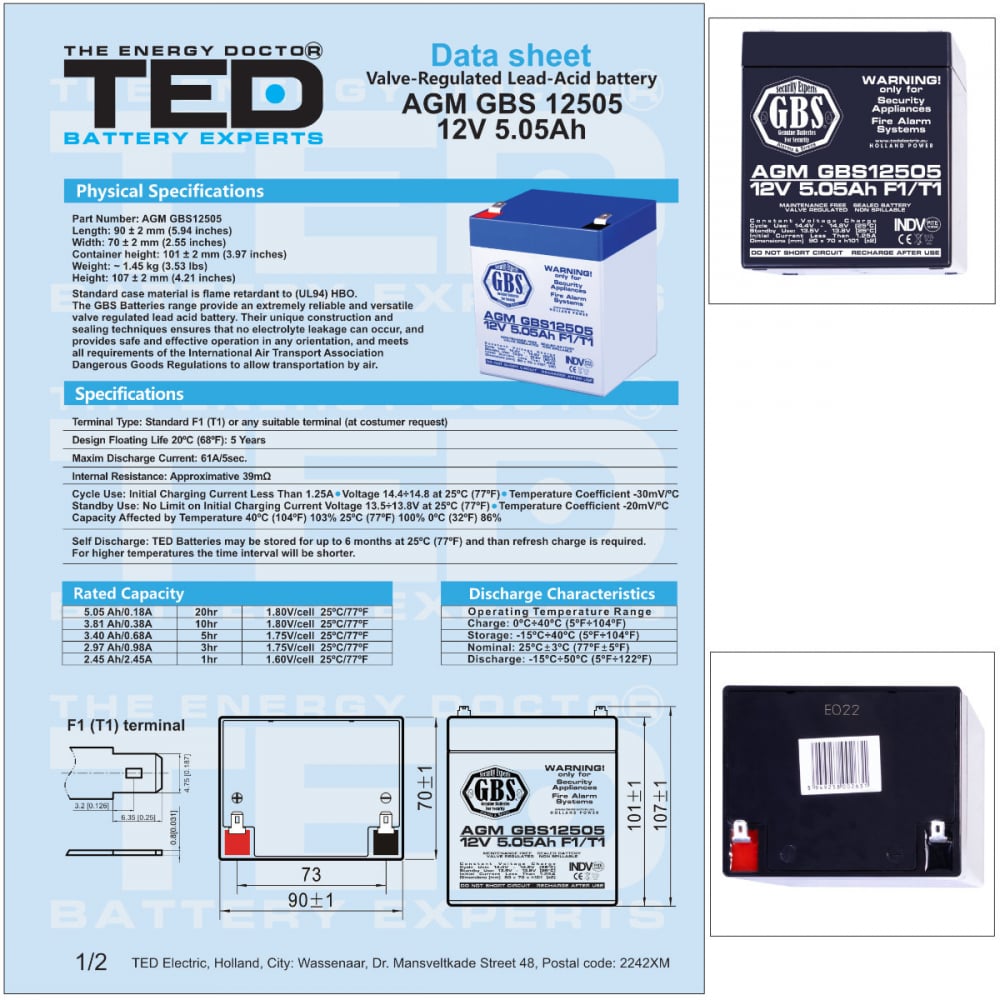 Baterie Reincarcabila F1/T1 12V Stationara VRLA 5.05Ah AGM, Dimensiuni 90x70x107 mm, TED Electric GBS12505, pentru sisteme de securitate, de alarma, control acces, sisteme CCTV [5]