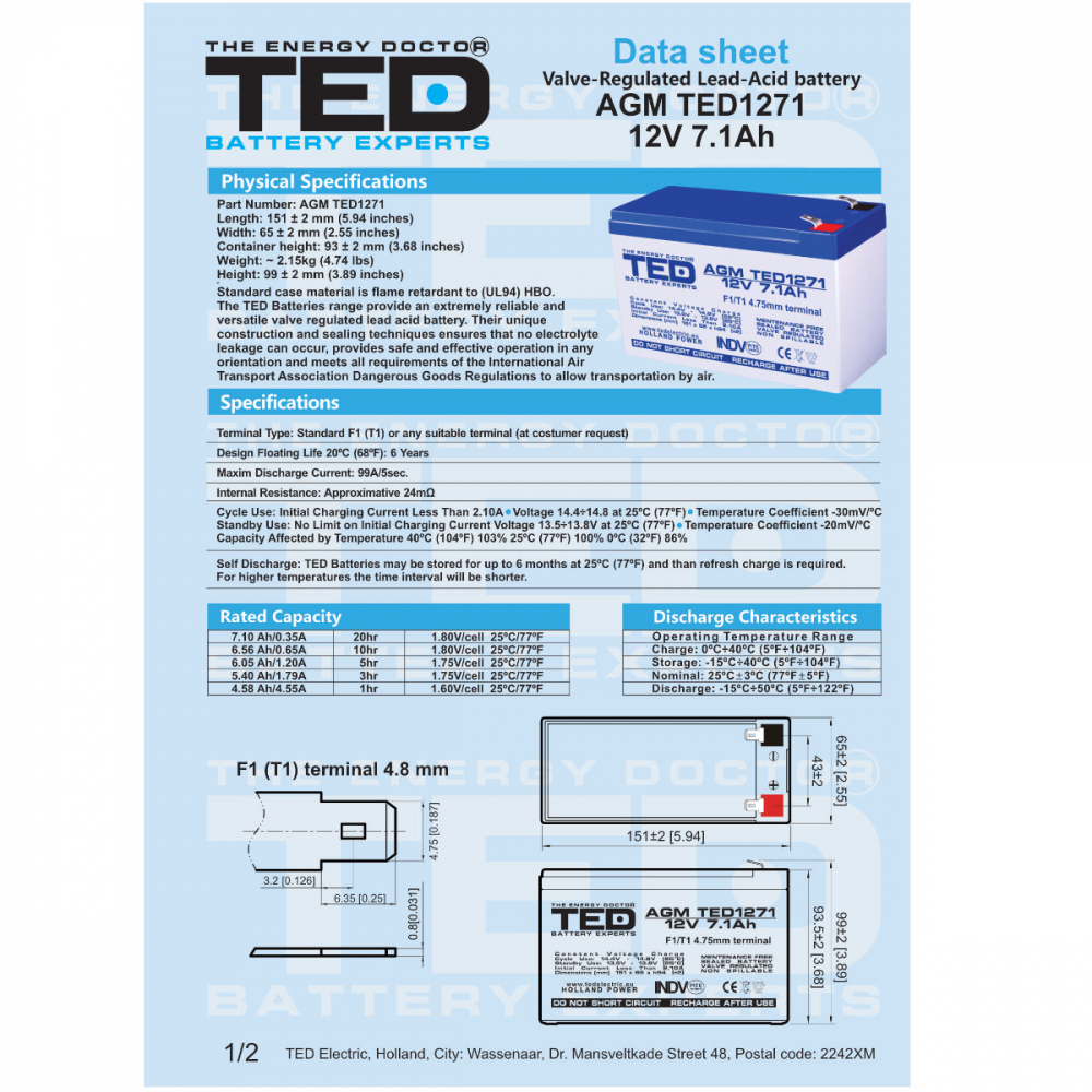 Baterie Reincarcabila F1/T1 12V Stationara VRLA 7.1Ah AGM, Dimensiuni 151x65x95 mm, TED Electric TED1271, pentru sisteme UPS si backup, securitate, echipamente medicale, iluminare, stocare energie [6]