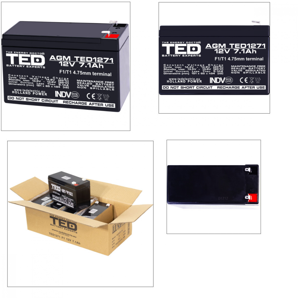 Baterie Reincarcabila F1/T1 12V Stationara VRLA 7.1Ah AGM, Dimensiuni 151x65x95 mm, TED Electric TED1271, pentru sisteme UPS si backup, securitate, echipamente medicale, iluminare, stocare energie [4]