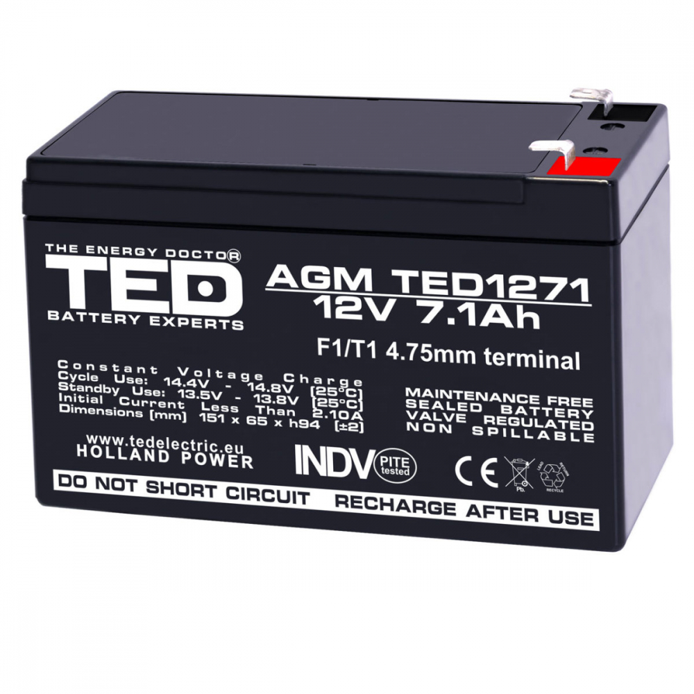 Baterie Reincarcabila F1/T1 12V Stationara VRLA 7.1Ah AGM, Dimensiuni 151x65x95 mm, TED Electric TED1271, pentru sisteme UPS si backup, securitate, echipamente medicale, iluminare, stocare energie [1]