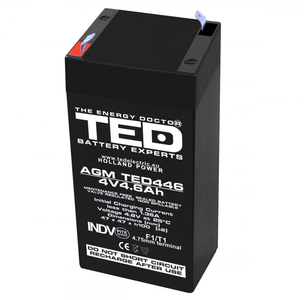 Baterie Reincarcabila F1/T1 4V Stationara VRLA 4.6Ah AGM, Dimensiuni 47x47x100 mm, TED Electric TED446, pentru Jucarii Electrice, Echipamente Medicale, Securitate, Iluminare [1]