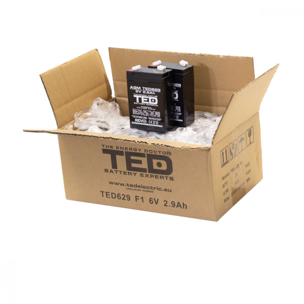 Baterie Reincarcabila F1/T1 6V Stationara VRLA 2.9Ah AGM, Dimensiuni 66x33x97 mm, TED Electric TED629, pentru sisteme UPS si backup, securitate, echipamente medicale, iluminare, stocare energie [5]