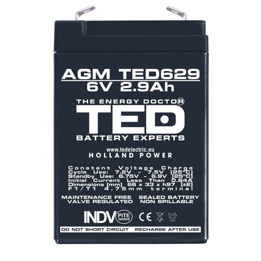 Baterie Reincarcabila F1/T1 6V Stationara VRLA 2.9Ah AGM, Dimensiuni 66x33x97 mm, TED Electric TED629, pentru sisteme UPS si backup, securitate, echipamente medicale, iluminare, stocare energie [2]