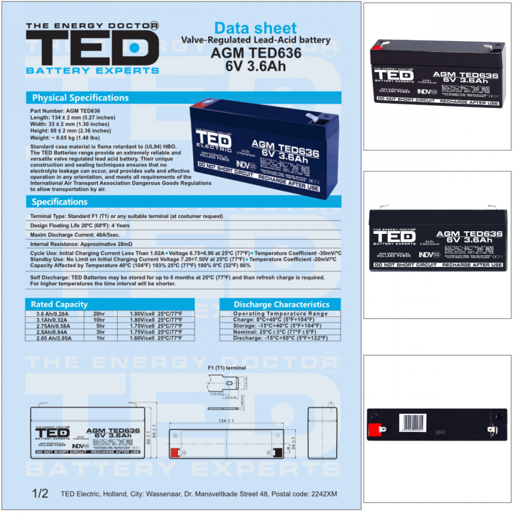 Baterie Reincarcabila F1/T1 6V Stationara VRLA 3.6Ah AGM, Dimensiuni 134x34x60 mm, TED Electric TED636, pentru Jucarii Electrice, Echipamente Medicale, Securitate, Iluminare [7]