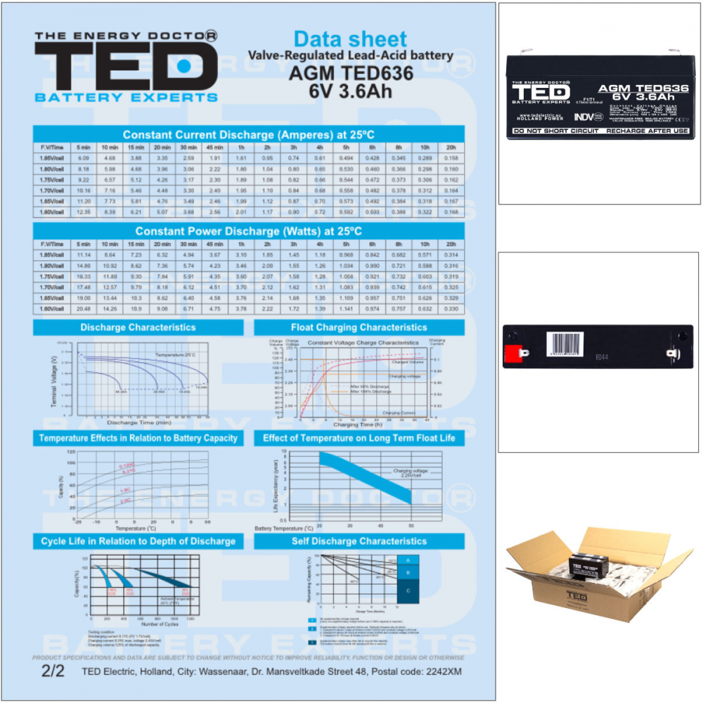 Baterie Reincarcabila F1/T1 6V Stationara VRLA 3.6Ah AGM, Dimensiuni 134x34x60 mm, TED Electric TED636, pentru Jucarii Electrice, Echipamente Medicale, Securitate, Iluminare [6]