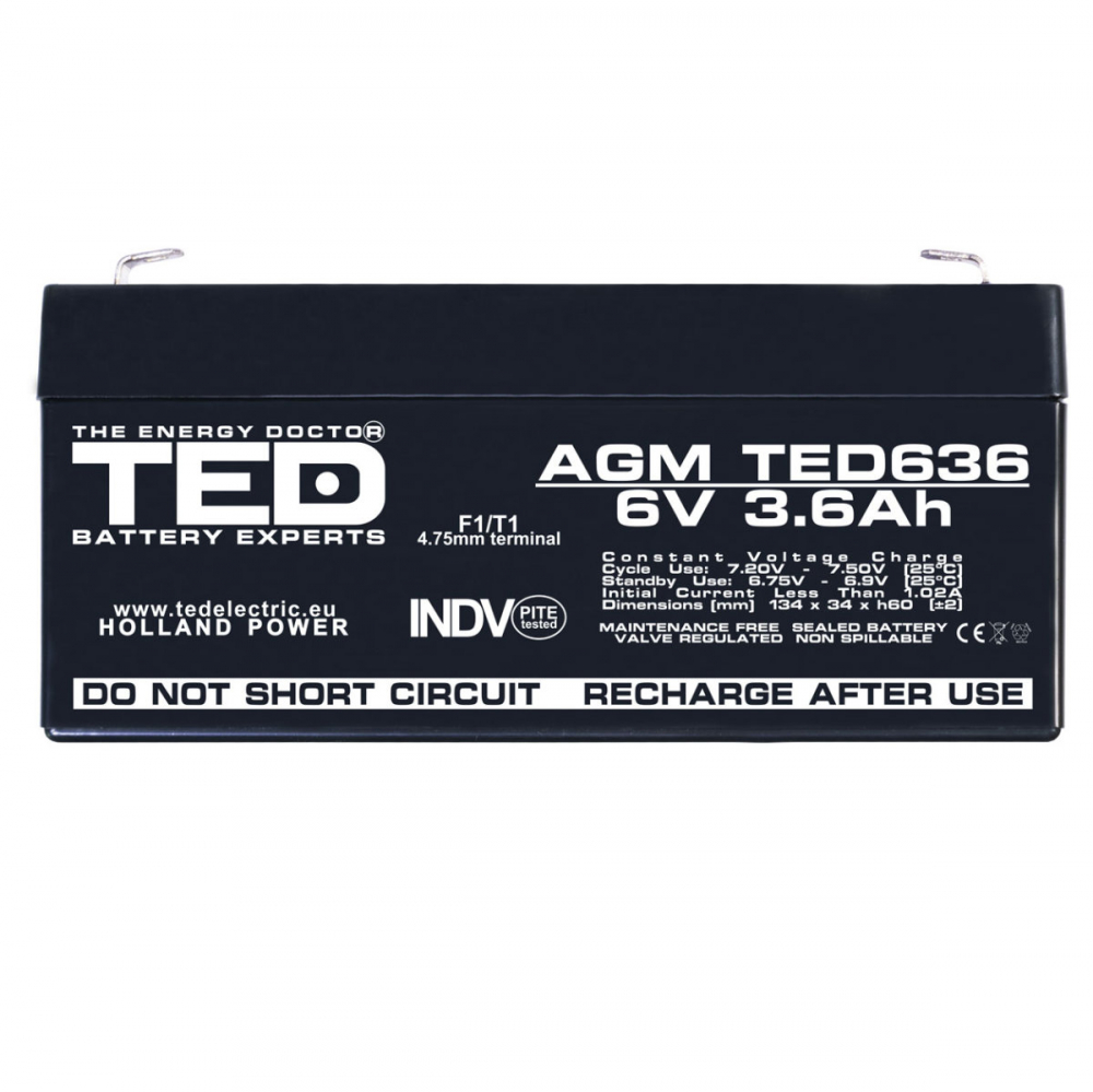 Baterie Reincarcabila F1/T1 6V Stationara VRLA 3.6Ah AGM, Dimensiuni 134x34x60 mm, TED Electric TED636, pentru Jucarii Electrice, Echipamente Medicale, Securitate, Iluminare [2]
