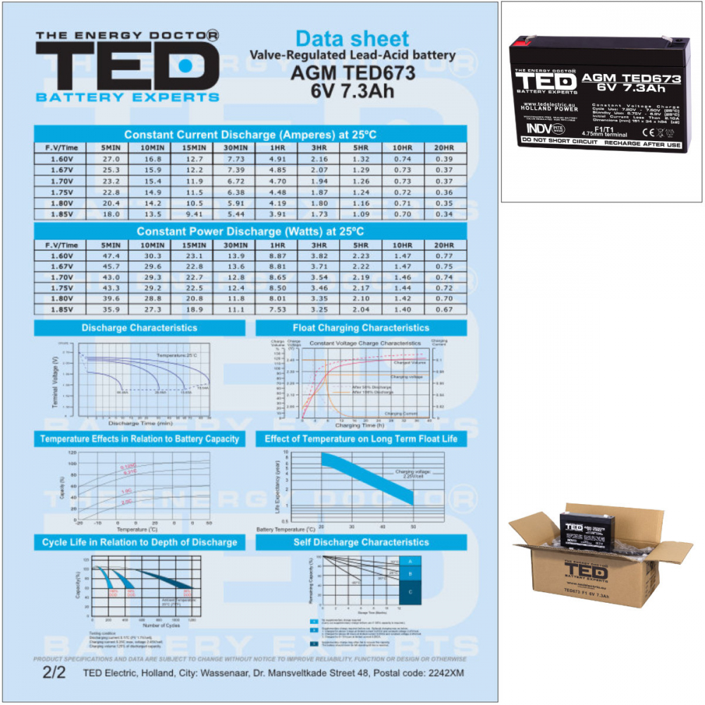 Baterie Reincarcabila F1/T1 6V Stationara VRLA 7.3Ah AGM, Dimensiuni 151x34x94 mm, TED Electric TED673, pentru Jucarii Electrice, Echipamente Medicale, Securitate, Iluminare [7]