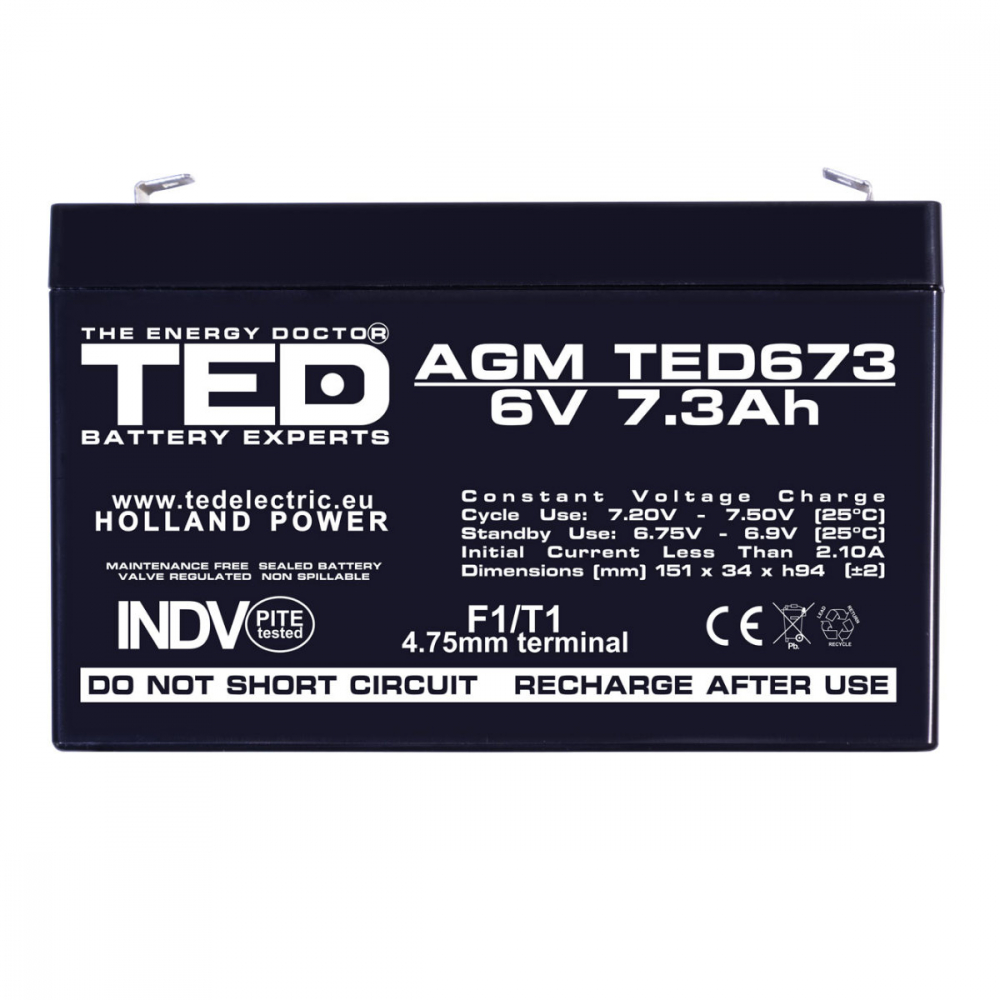 Baterie Reincarcabila F1/T1 6V Stationara VRLA 7.3Ah AGM, Dimensiuni 151x34x94 mm, TED Electric TED673, pentru Jucarii Electrice, Echipamente Medicale, Securitate, Iluminare [2]