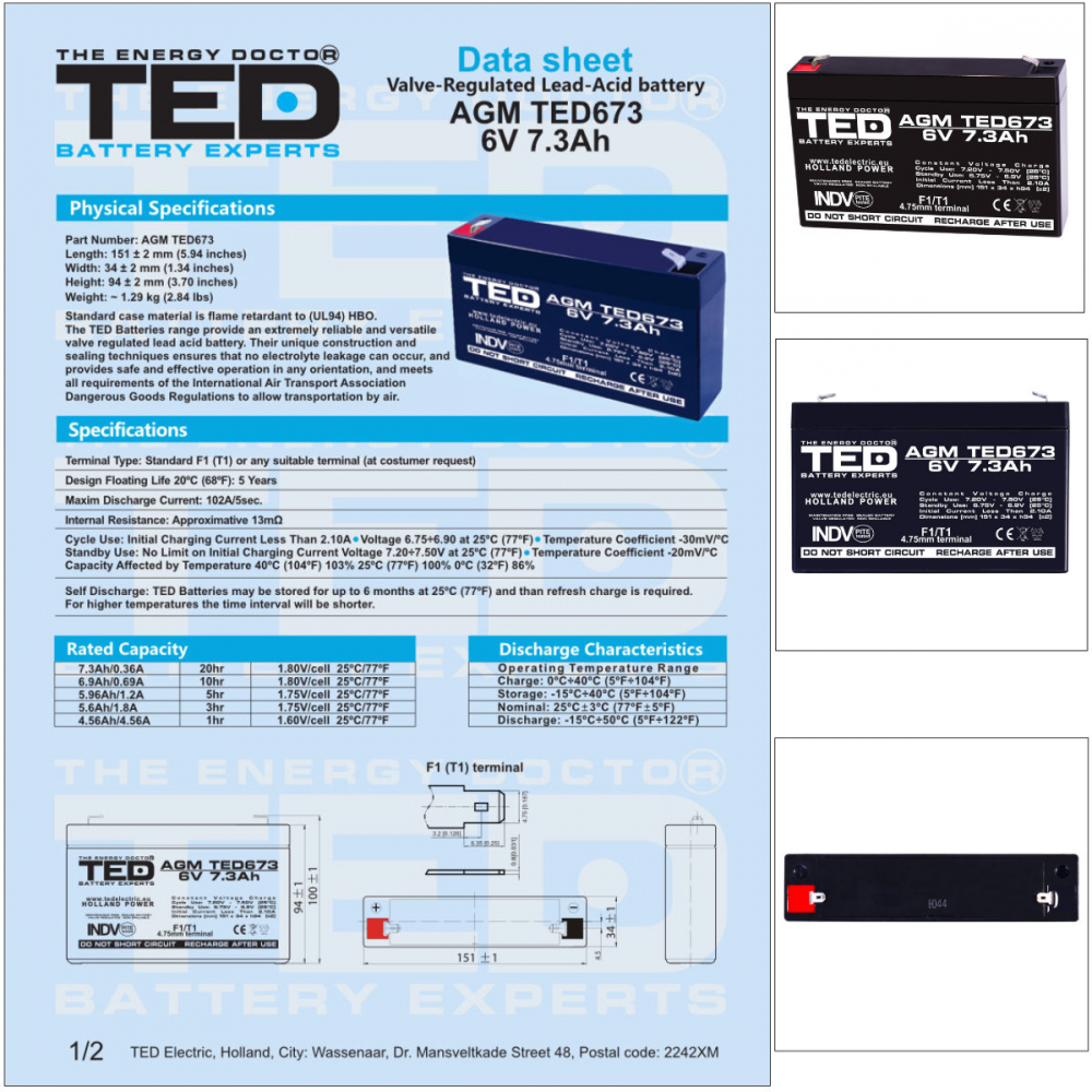 Baterie Reincarcabila F1/T1 6V Stationara VRLA 7.3Ah AGM, Dimensiuni 151x34x94 mm, TED Electric TED673, pentru Jucarii Electrice, Echipamente Medicale, Securitate, Iluminare [6]