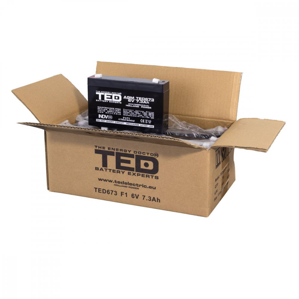 Baterie Reincarcabila F1/T1 6V Stationara VRLA 7.3Ah AGM, Dimensiuni 151x34x94 mm, TED Electric TED673, pentru Jucarii Electrice, Echipamente Medicale, Securitate, Iluminare [4]