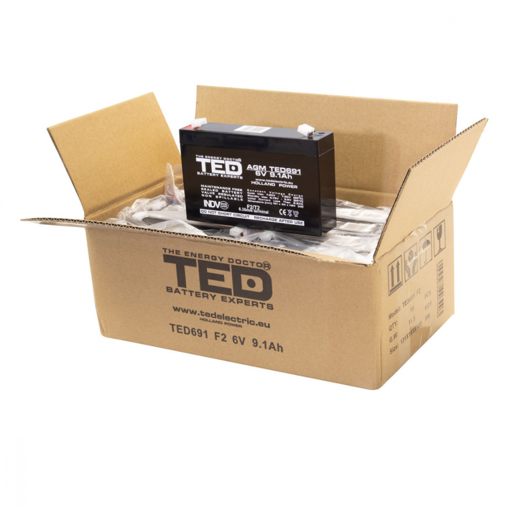 Baterie Reincarcabila F1/T1 6V Stationara VRLA 9.1Ah AGM, Dimensiuni 151x34x95 mm, TED Electric TED691, pentru Jucarii Electrice, Echipamente Medicale, Securitate, Iluminare [4]