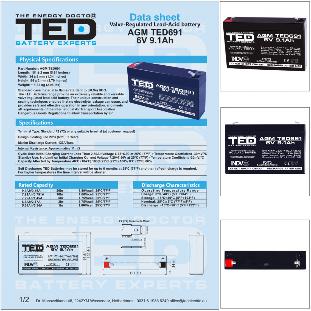 Baterie Reincarcabila F1/T1 6V Stationara VRLA 9.1Ah AGM, Dimensiuni 151x34x95 mm, TED Electric TED691, pentru Jucarii Electrice, Echipamente Medicale, Securitate, Iluminare [6]