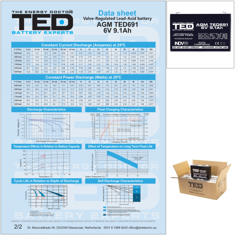 Baterie Reincarcabila F1/T1 6V Stationara VRLA 9.1Ah AGM, Dimensiuni 151x34x95 mm, TED Electric TED691, pentru Jucarii Electrice, Echipamente Medicale, Securitate, Iluminare [7]