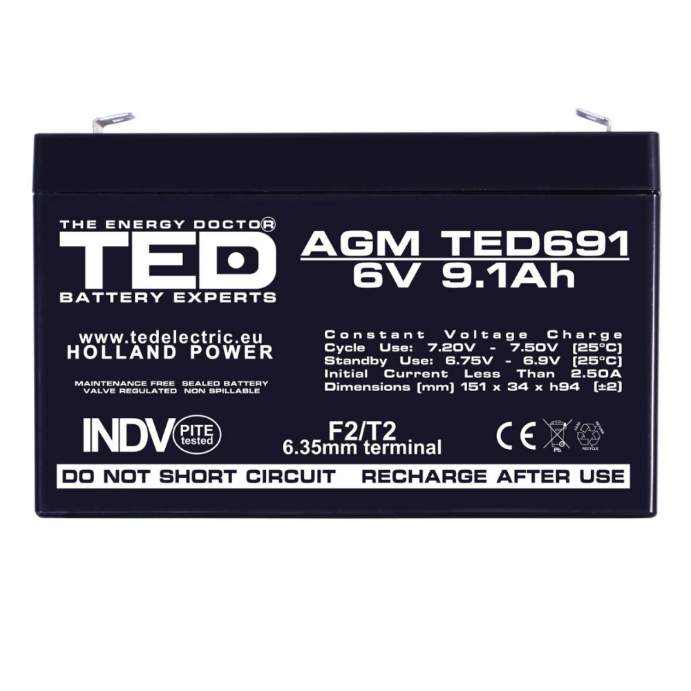 Baterie Reincarcabila F1/T1 6V Stationara VRLA 9.1Ah AGM, Dimensiuni 151x34x95 mm, TED Electric TED691, pentru Jucarii Electrice, Echipamente Medicale, Securitate, Iluminare [2]