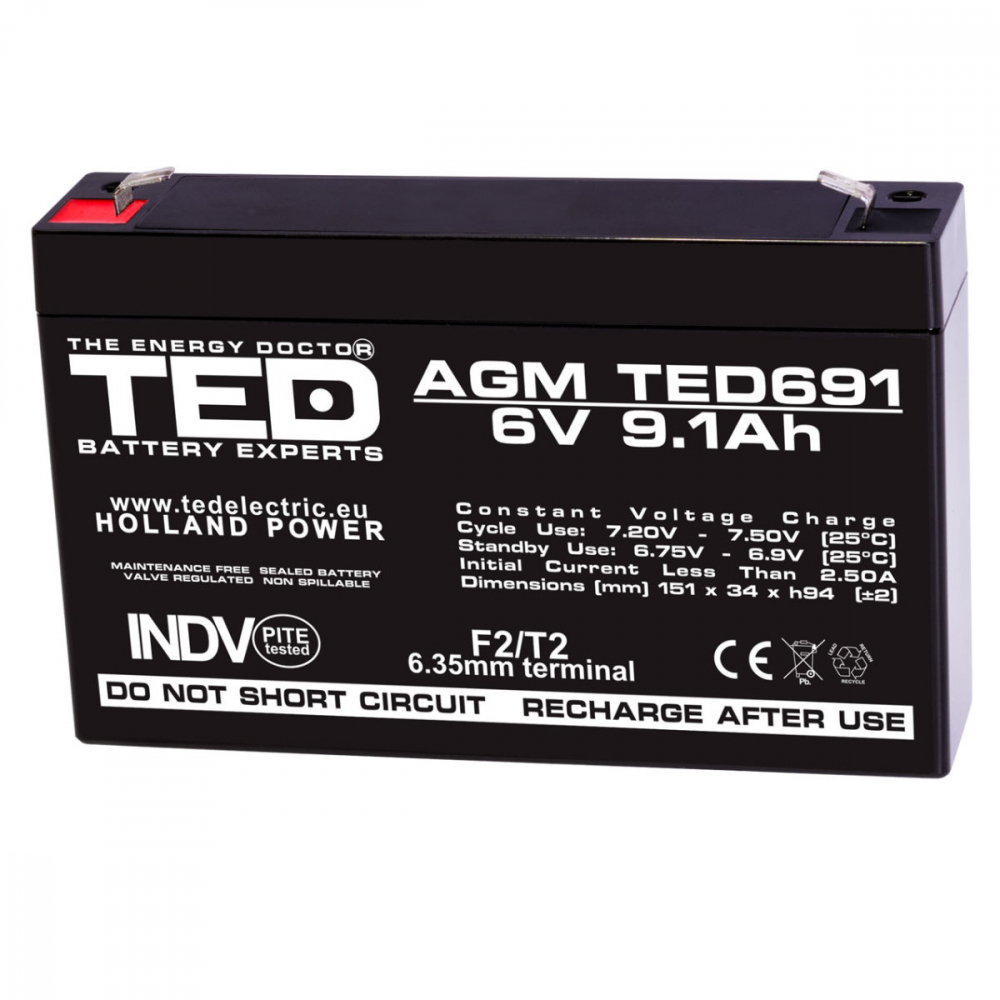 Baterie Reincarcabila F1/T1 6V Stationara VRLA 9.1Ah AGM, Dimensiuni 151x34x95 mm, TED Electric TED691, pentru Jucarii Electrice, Echipamente Medicale, Securitate, Iluminare [1]