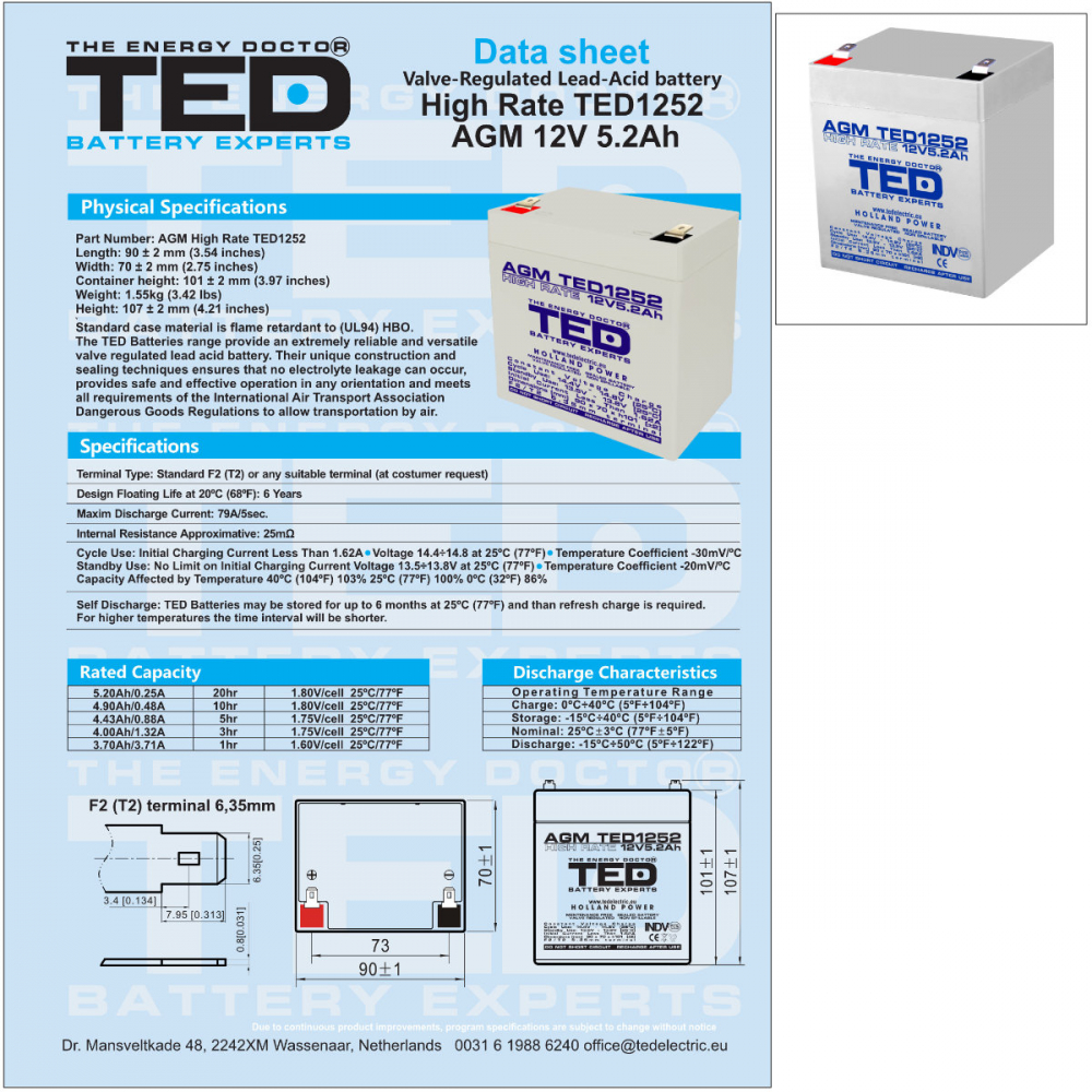 Baterie Reincarcabila F2 12V High Rate VRLA 5.2Ah AGM, Dimensiuni 90x70x98 mm, TED Electric TED1252, pentru sisteme UPS si backup, echipamente medicale, industriale, iluminare portabila [3]