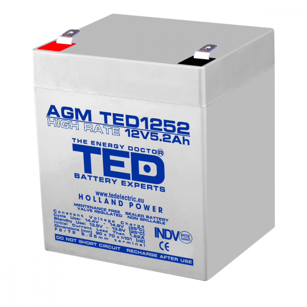 Baterie Reincarcabila F2 12V High Rate VRLA 5.2Ah AGM, Dimensiuni 90x70x98 mm, TED Electric TED1252, pentru sisteme UPS si backup, echipamente medicale, industriale, iluminare portabila [1]
