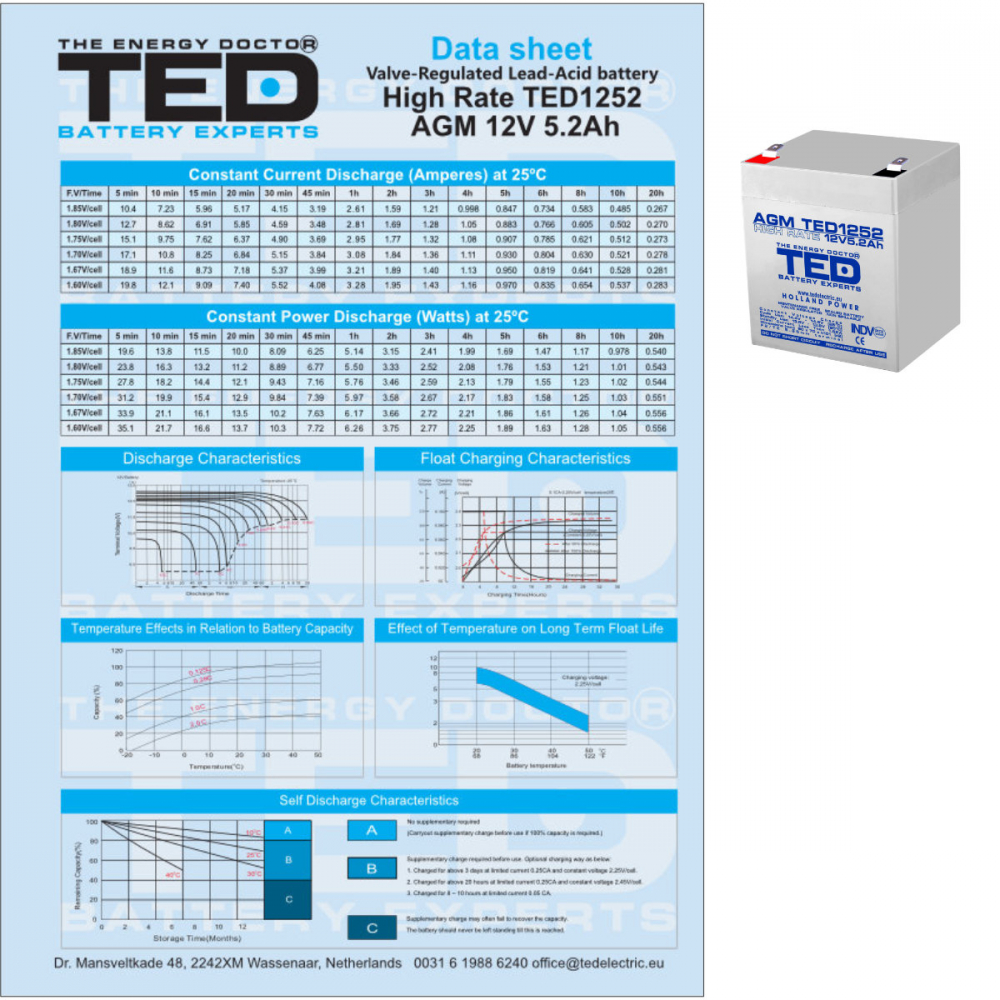 Baterie Reincarcabila F2 12V High Rate VRLA 5.2Ah AGM, Dimensiuni 90x70x98 mm, TED Electric TED1252, pentru sisteme UPS si backup, echipamente medicale, industriale, iluminare portabila [4]