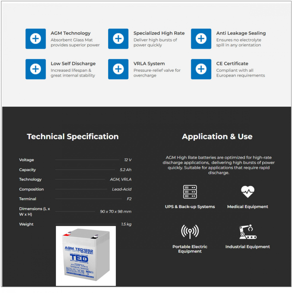 Baterie Reincarcabila F2 12V High Rate VRLA 5.2Ah AGM, Dimensiuni 90x70x98 mm, TED Electric TED1252, pentru sisteme UPS si backup, echipamente medicale, industriale, iluminare portabila [2]