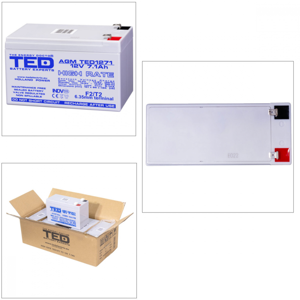 Baterie Reincarcabila F2 12V High Rate VRLA 7.1Ah AGM, Dimensiuni 151x65x95 mm, TED Electric TED1271, pentru UPS, Echipamente Medicale, Industriale, Utilaje Electrice [4]