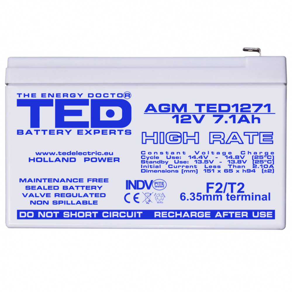 Baterie Reincarcabila F2 12V High Rate VRLA 7.1Ah AGM, Dimensiuni 151x65x95 mm, TED Electric TED1271, pentru UPS, Echipamente Medicale, Industriale, Utilaje Electrice [2]