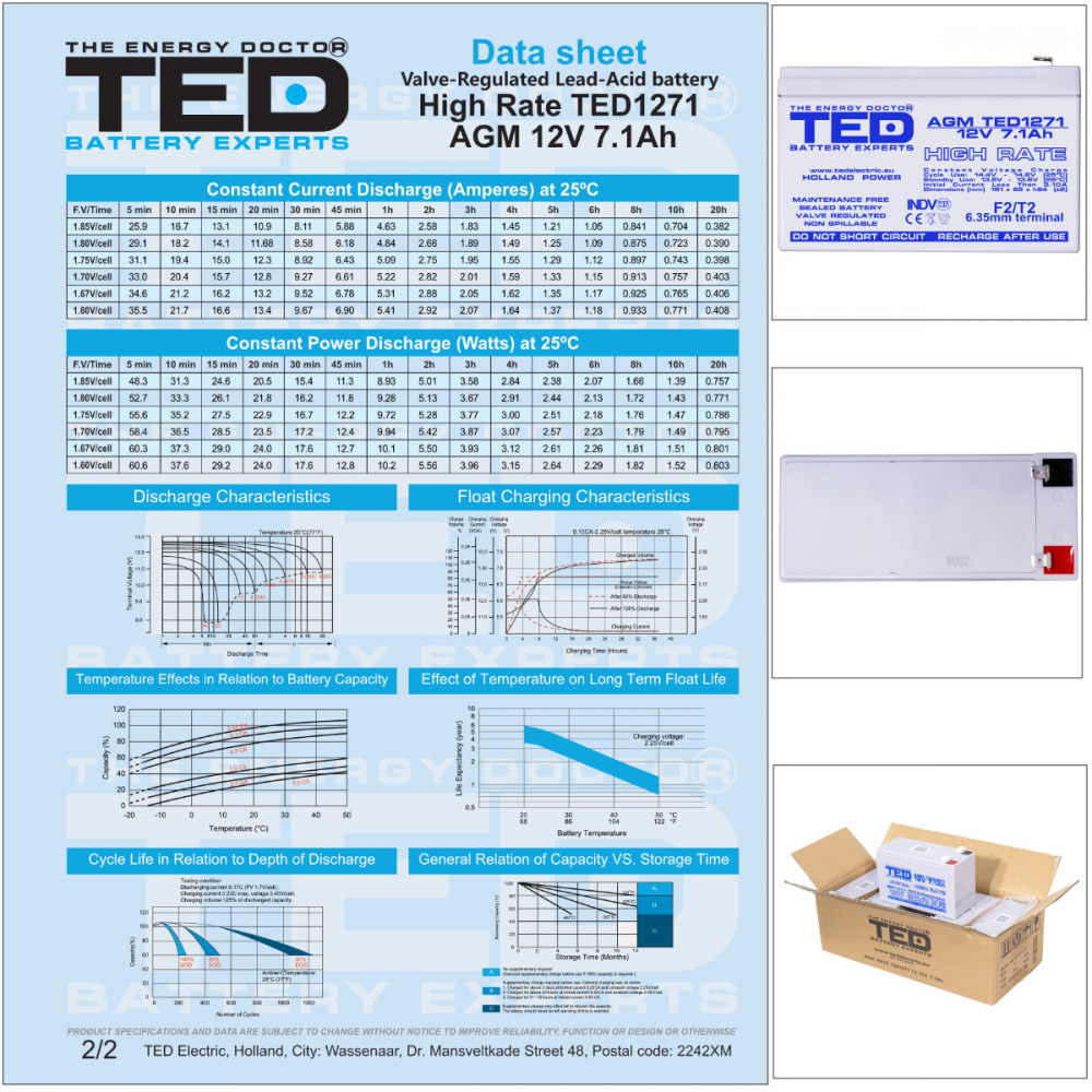 Baterie Reincarcabila F2 12V High Rate VRLA 7.1Ah AGM, Dimensiuni 151x65x95 mm, TED Electric TED1271, pentru UPS, Echipamente Medicale, Industriale, Utilaje Electrice [7]
