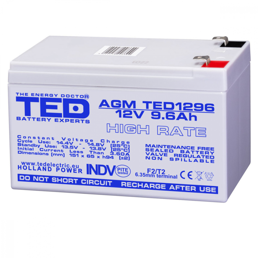 Baterie Reincarcabila F2 12V High Rate VRLA 9.6Ah AGM, Dimensiuni 151x65x95 mm, TED Electric TED1296, pentru UPS, Echipamente Medicale, Industriale, Utilaje Electrice [1]