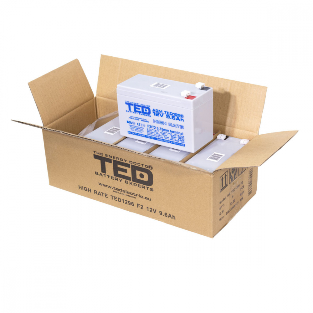 Baterie Reincarcabila F2 12V High Rate VRLA 9.6Ah AGM, Dimensiuni 151x65x95 mm, TED Electric TED1296, pentru UPS, Echipamente Medicale, Industriale, Utilaje Electrice [4]