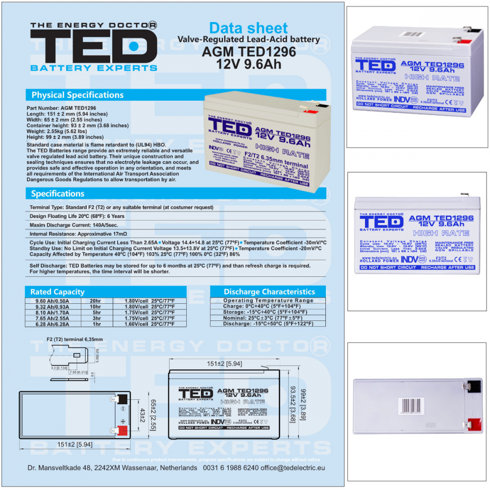 Baterie Reincarcabila F2 12V High Rate VRLA 9.6Ah AGM, Dimensiuni 151x65x95 mm, TED Electric TED1296, pentru UPS, Echipamente Medicale, Industriale, Utilaje Electrice [6]