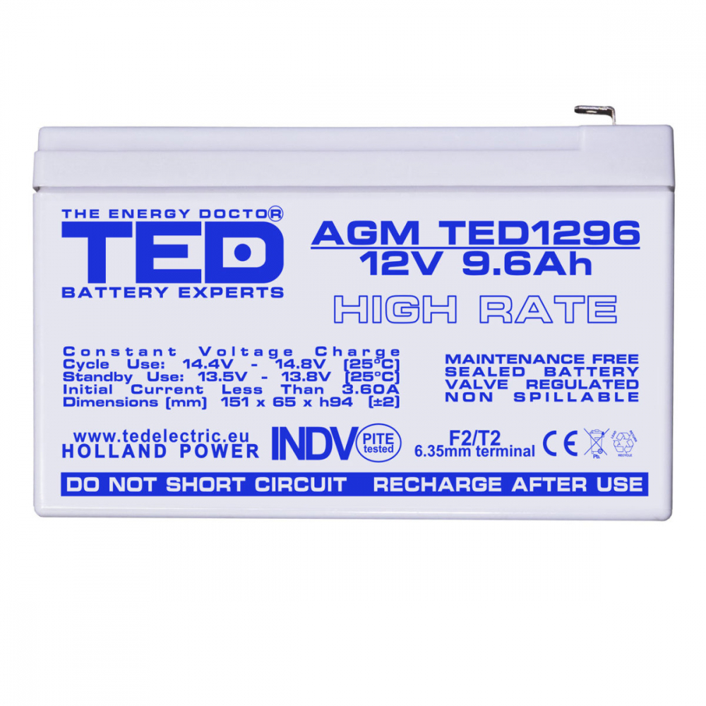 Baterie Reincarcabila F2 12V High Rate VRLA 9.6Ah AGM, Dimensiuni 151x65x95 mm, TED Electric TED1296, pentru UPS, Echipamente Medicale, Industriale, Utilaje Electrice [2]