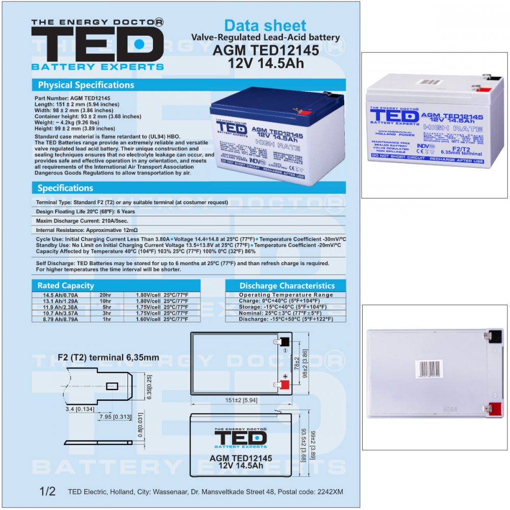 Baterie Reincarcabila F2 12V Stationara VRLA High Rate 14.5Ah AGM, Dimensiuni 151x98x95 mm, TED Electric TED12145, pentru UPS, echipamente medicale, industriale si iluminat portabil [6]