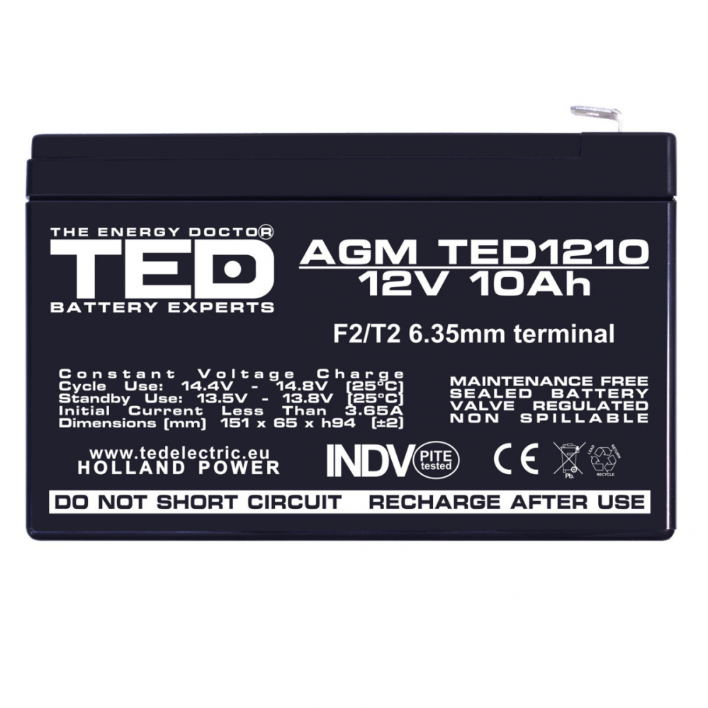 Baterie Reincarcabila F2/T2 12V Stationara VRLA 10Ah AGM, Dimensiuni 151x65x95 mm, TED Electric TED1210, pentru sisteme UPS si backup, securitate, echipamente medicale, iluminare, stocare energie [2]