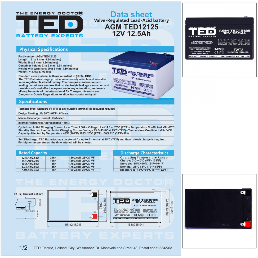 Baterie Reincarcabila F2/T2 12V Stationara VRLA 12.5Ah AGM, Dimensiuni 151x98x94 mm, TED Electric TED12125, pentru sisteme UPS, echipamente industriale, medicale, securitate, iluminat de urgenta, ener [5]