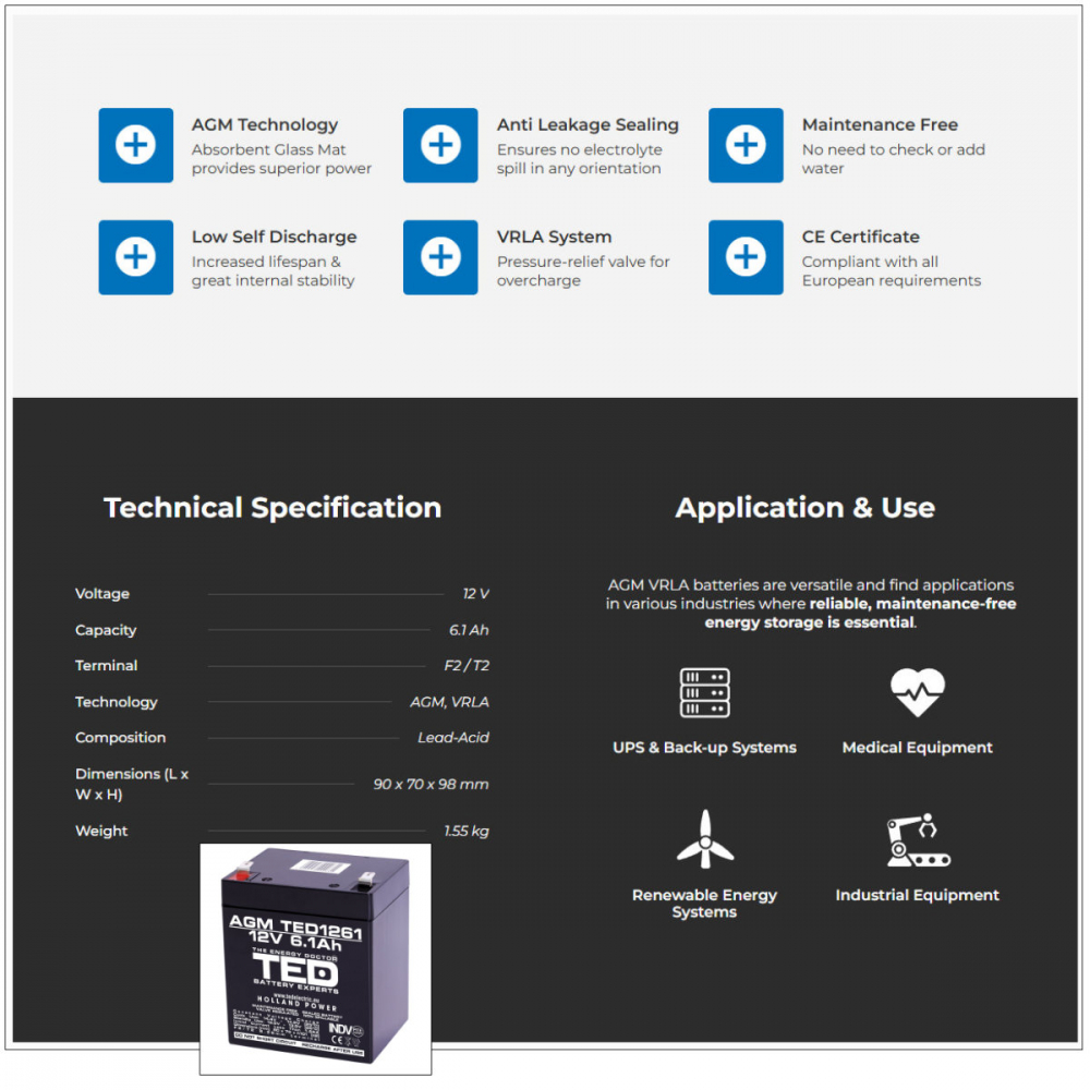 Baterie Reincarcabila F2/T2 12V Stationara VRLA 6.1Ah AGM, Dimensiuni 90x70x98 mm, TED Electric TED1261, pentru Sisteme UPS, Securitate, Echipamente Medicale, Iluminare [5]