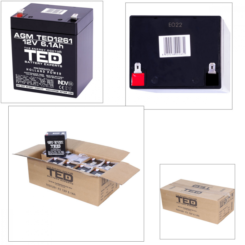 Baterie Reincarcabila F2/T2 12V Stationara VRLA 6.1Ah AGM, Dimensiuni 90x70x98 mm, TED Electric TED1261, pentru Sisteme UPS, Securitate, Echipamente Medicale, Iluminare [4]