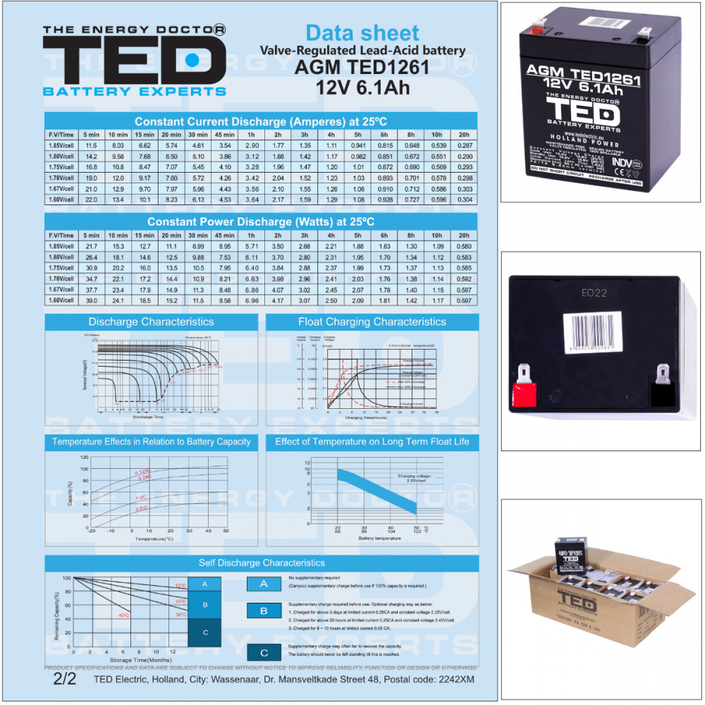 Baterie Reincarcabila F2/T2 12V Stationara VRLA 6.1Ah AGM, Dimensiuni 90x70x98 mm, TED Electric TED1261, pentru Sisteme UPS, Securitate, Echipamente Medicale, Iluminare [7]