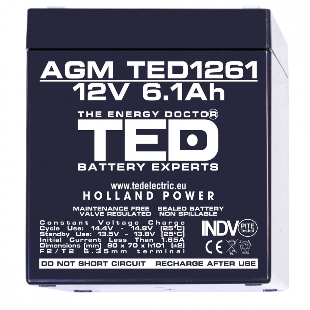 Baterie Reincarcabila F2/T2 12V Stationara VRLA 6.1Ah AGM, Dimensiuni 90x70x98 mm, TED Electric TED1261, pentru Sisteme UPS, Securitate, Echipamente Medicale, Iluminare [2]