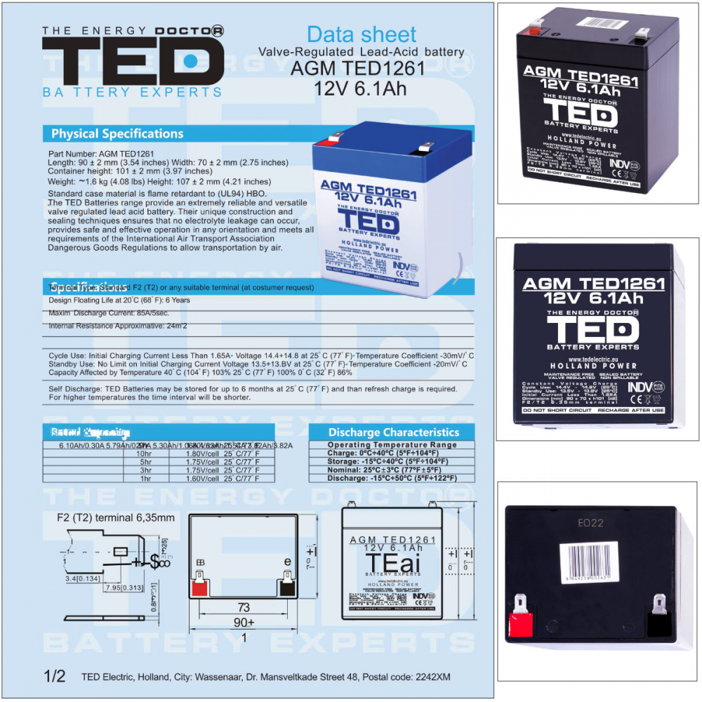 Baterie Reincarcabila F2/T2 12V Stationara VRLA 6.1Ah AGM, Dimensiuni 90x70x98 mm, TED Electric TED1261, pentru Sisteme UPS, Securitate, Echipamente Medicale, Iluminare [6]