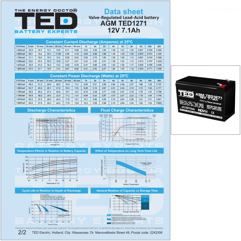 Baterie Reincarcabila F2/T2 12V Stationara VRLA 7.1Ah AGM, Dimensiuni 151x65x95 mm, TED Electric TED1271F2, pentru Sisteme UPS, Backup, Securitate, Echipamente Medicale, Iluminare, Stocare Energie [4]
