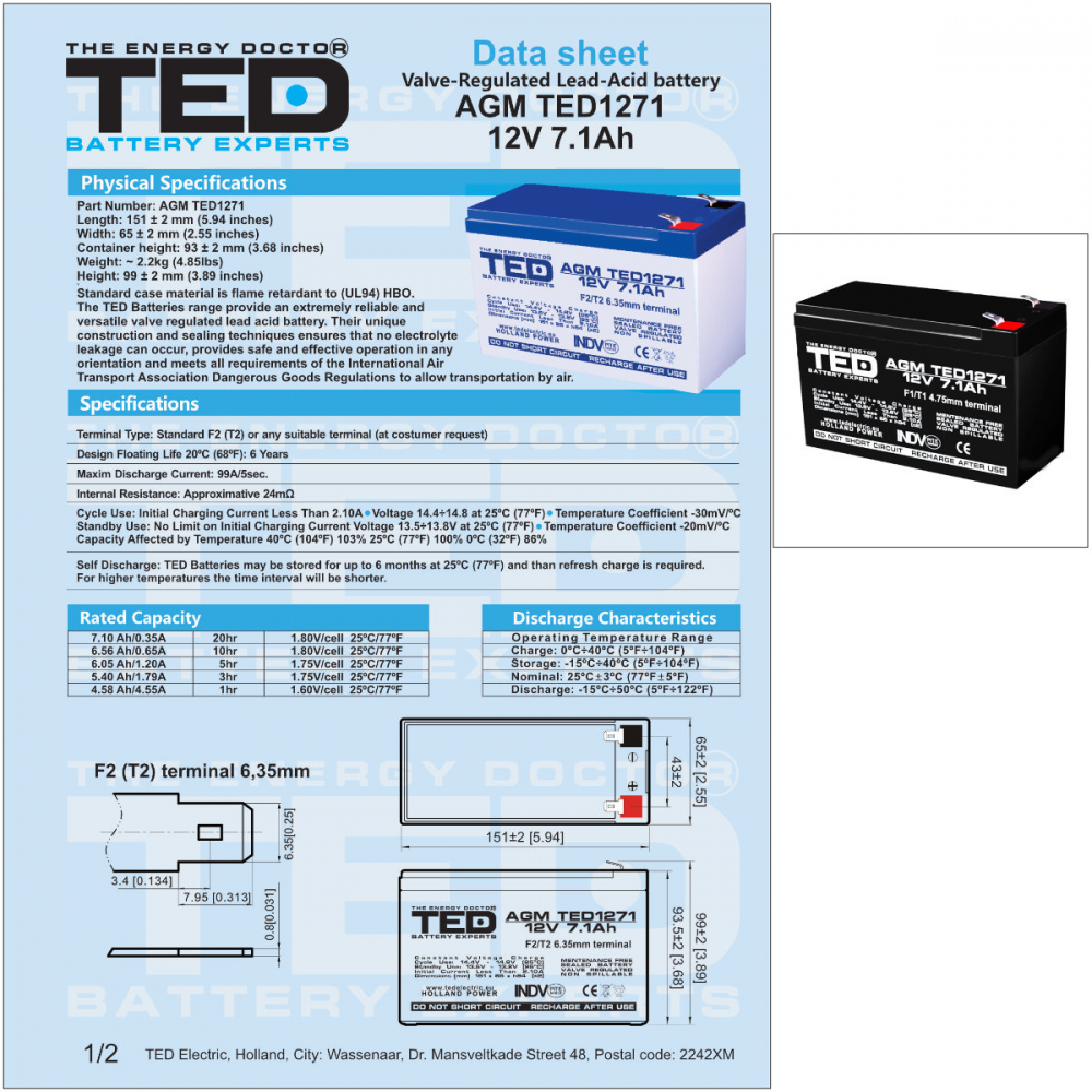 Baterie Reincarcabila F2/T2 12V Stationara VRLA 7.1Ah AGM, Dimensiuni 151x65x95 mm, TED Electric TED1271F2, pentru Sisteme UPS, Backup, Securitate, Echipamente Medicale, Iluminare, Stocare Energie [3]