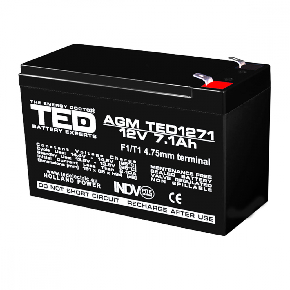 Baterie Reincarcabila F2/T2 12V Stationara VRLA 7.1Ah AGM, Dimensiuni 151x65x95 mm, TED Electric TED1271F2, pentru Sisteme UPS, Backup, Securitate, Echipamente Medicale, Iluminare, Stocare Energie [1]