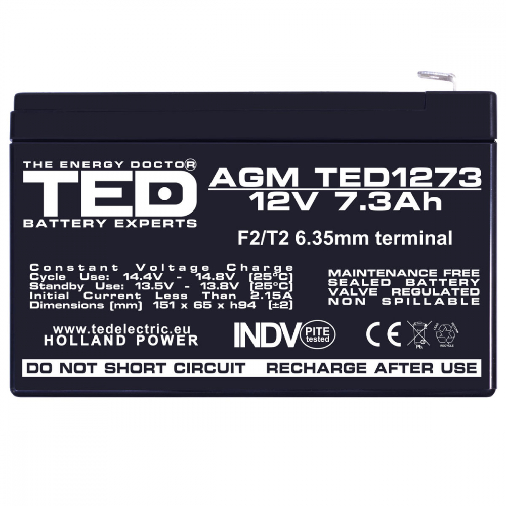 Baterie Reincarcabila F2/T2 12V Stationara VRLA 7.3Ah AGM, Dimensiuni 151x65x94 mm, TED Electric TED1273, pentru Sisteme UPS, Backup, Securitate, Echipamente Medicale, Energie Regenerabila [2]